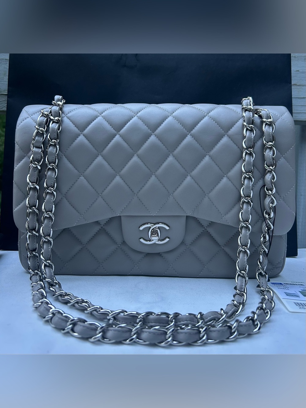 CHANEL Classic Jumbo Double Flap Quilted Lambskin Leather Handbag Light Grey